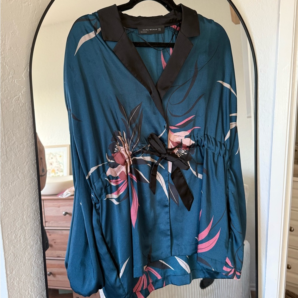 Zara Teal and Pink Floral Blouse